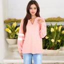 Pink XXL Long Sleeve V-Neck Pullover with Contrast Sleeve Stripes