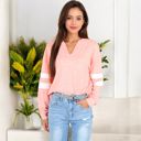 Pink XXL Long Sleeve V-Neck Pullover with Contrast Sleeve Stripes