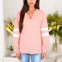 Pink XXL Long Sleeve V-Neck Pullover with Contrast Sleeve Stripes