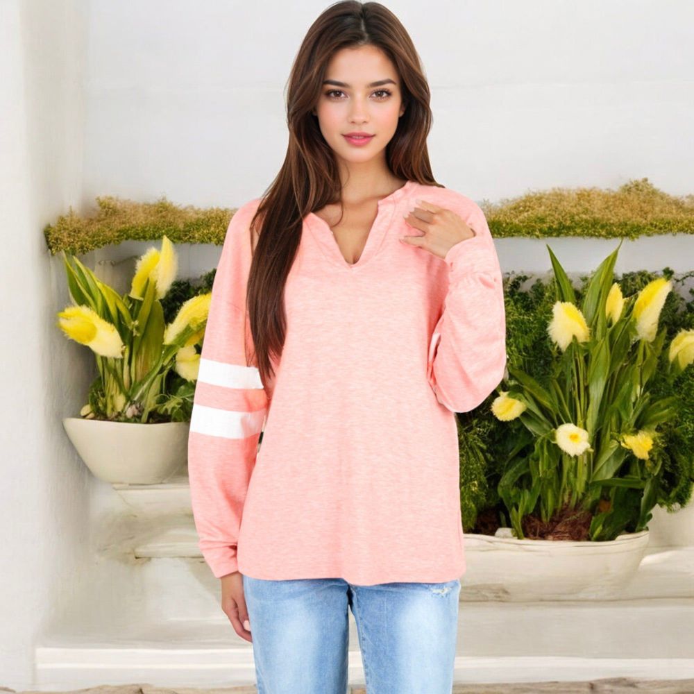 Long Sleeve V-Neck Pullover with Contrast Sleeve Stripes