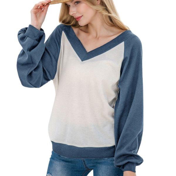 Springtime Waffle Long Sleeve Contrast Pullover