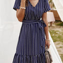 Blue Large Short Sleeve V-Neck Striped Dress with Belted Waist and Ruffled Hem