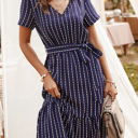 Blue Large Short Sleeve V-Neck Striped Dress with Belted Waist and Ruffled Hem