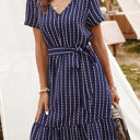 Blue Large Short Sleeve V-Neck Striped Dress with Belted Waist and Ruffled Hem