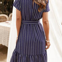 Blue Large Short Sleeve V-Neck Striped Dress with Belted Waist and Ruffled Hem