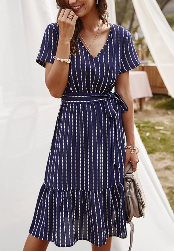 Short Sleeve V-Neck Striped Dress with Belted Waist and Ruffled Hem