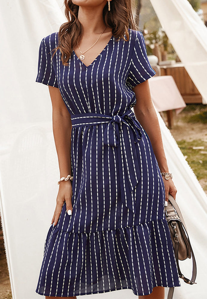 Short Sleeve V-Neck Striped Dress with Belted Waist and Ruffled Hem