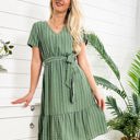 Green Large Short Sleeve V-Neck Striped Dress with Belted Waist and Ruffled Hem