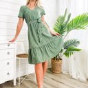 Green Large Short Sleeve V-Neck Striped Dress with Belted Waist and Ruffled Hem