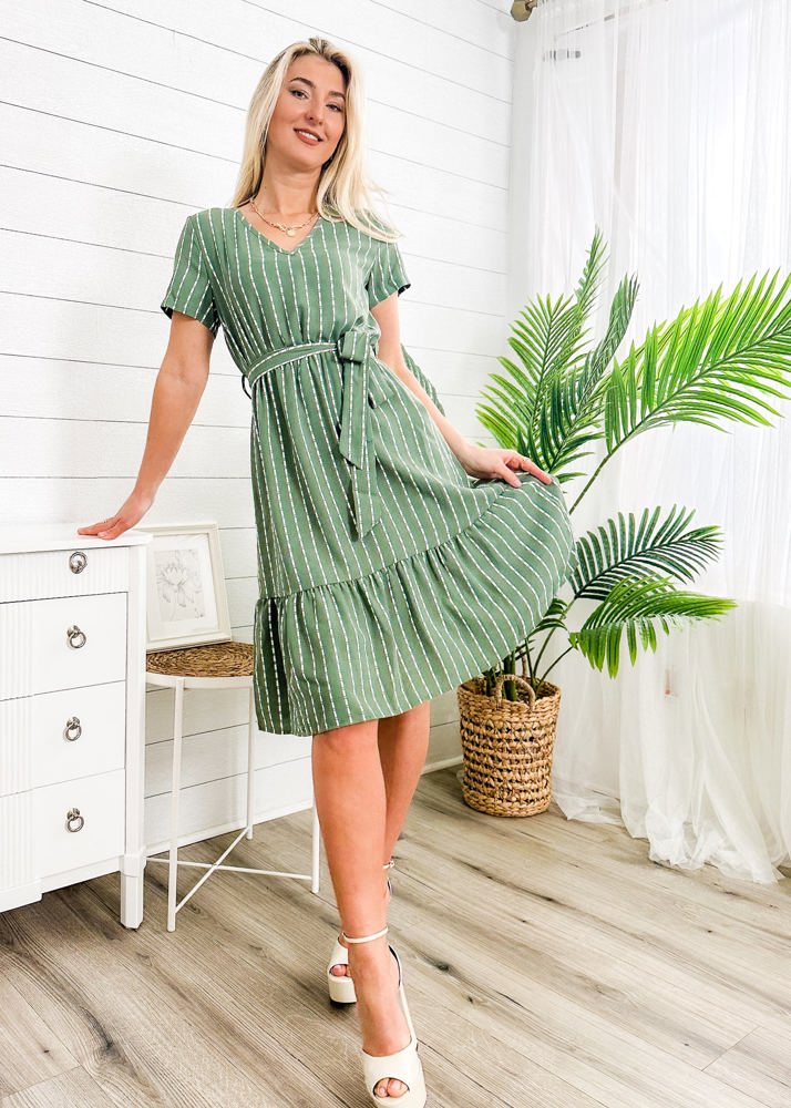 Short Sleeve V-Neck Striped Dress with Belted Waist and Ruffled Hem