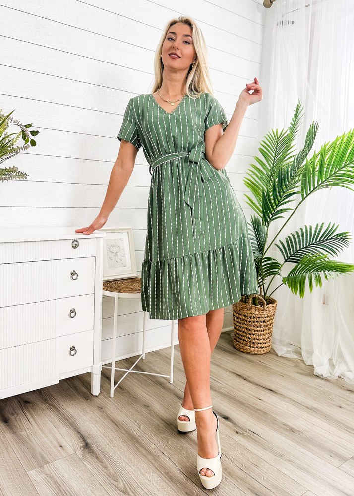 Short Sleeve V-Neck Striped Dress with Belted Waist and Ruffled Hem