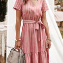 Pink Large Short Sleeve V-Neck Striped Dress with Belted Waist and Ruffled Hem