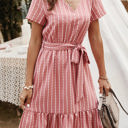 Pink Large Short Sleeve V-Neck Striped Dress with Belted Waist and Ruffled Hem