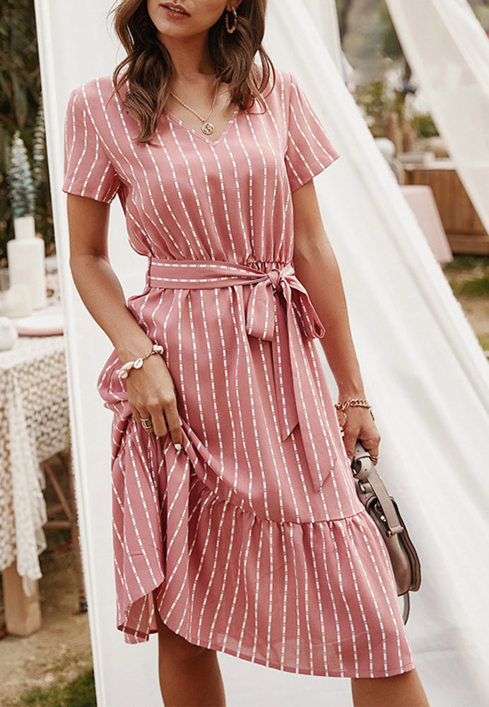 Short Sleeve V-Neck Striped Dress with Belted Waist and Ruffled Hem