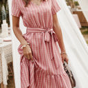 Pink Large Short Sleeve V-Neck Striped Dress with Belted Waist and Ruffled Hem