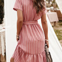 Pink Large Short Sleeve V-Neck Striped Dress with Belted Waist and Ruffled Hem