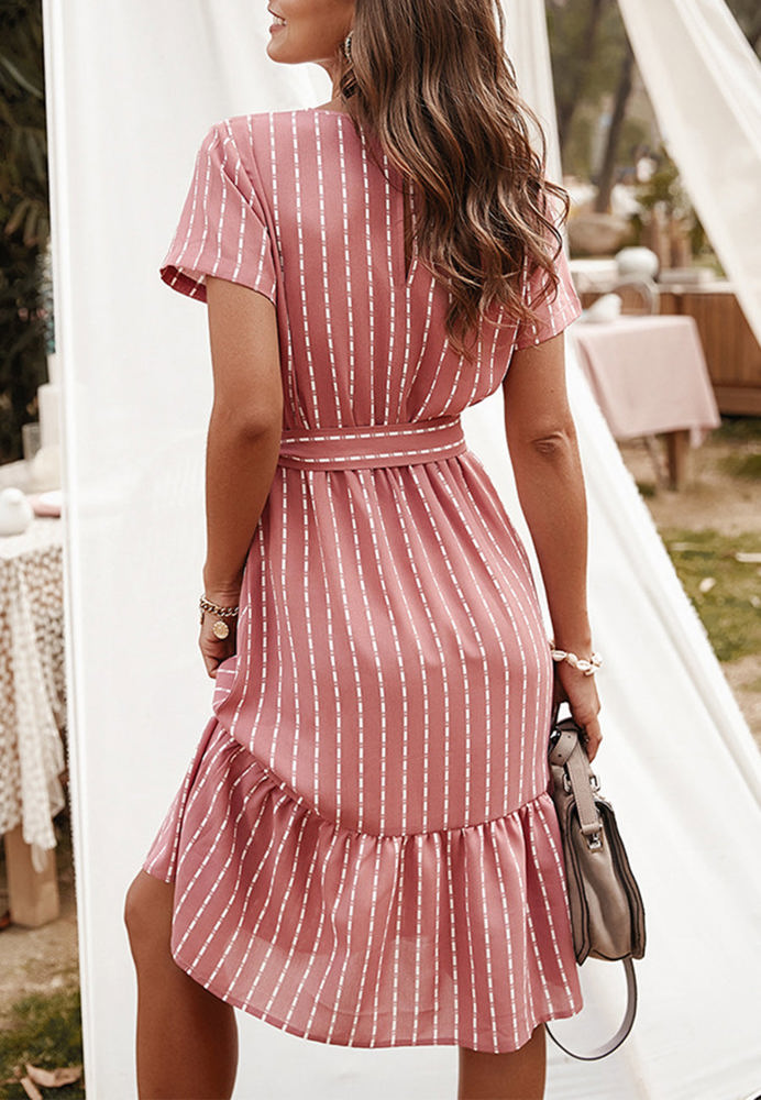 Short Sleeve V-Neck Striped Dress with Belted Waist and Ruffled Hem