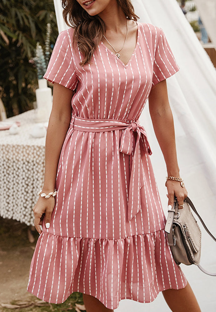 Short Sleeve V-Neck Striped Dress with Belted Waist and Ruffled Hem