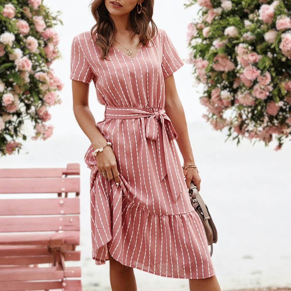 Short Sleeve V-Neck Striped Dress with Belted Waist and Ruffled Hem