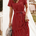 Red Large Short Sleeve V-Neck Striped Dress with Belted Waist and Ruffled Hem