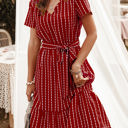 Red Large Short Sleeve V-Neck Striped Dress with Belted Waist and Ruffled Hem