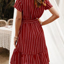 Red Large Short Sleeve V-Neck Striped Dress with Belted Waist and Ruffled Hem