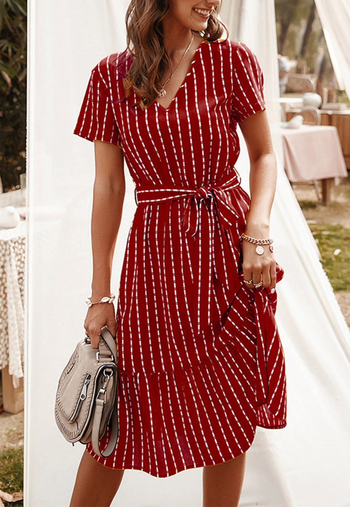 Short Sleeve V-Neck Striped Dress with Belted Waist and Ruffled Hem