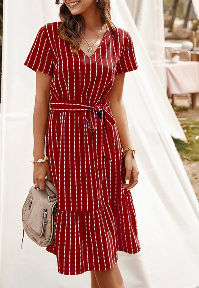 Short Sleeve V-Neck Striped Dress with Belted Waist and Ruffled Hem