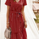 Red Medium Short Sleeve V-Neck Striped Dress with Belted Waist and Ruffled Hem