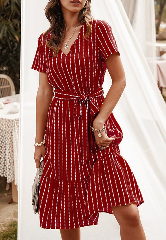 Short Sleeve V-Neck Striped Dress with Belted Waist and Ruffled Hem