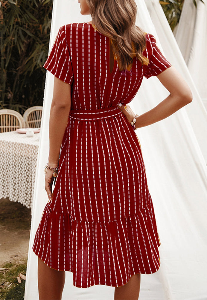 Short Sleeve V-Neck Striped Dress with Belted Waist and Ruffled Hem