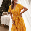 Yellow Large Short Sleeve V-Neck Striped Dress with Belted Waist and Ruffled Hem