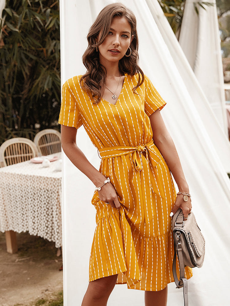 Short Sleeve V-Neck Striped Dress with Belted Waist and Ruffled Hem