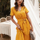 Yellow Large Short Sleeve V-Neck Striped Dress with Belted Waist and Ruffled Hem