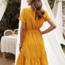 Yellow Large Short Sleeve V-Neck Striped Dress with Belted Waist and Ruffled Hem