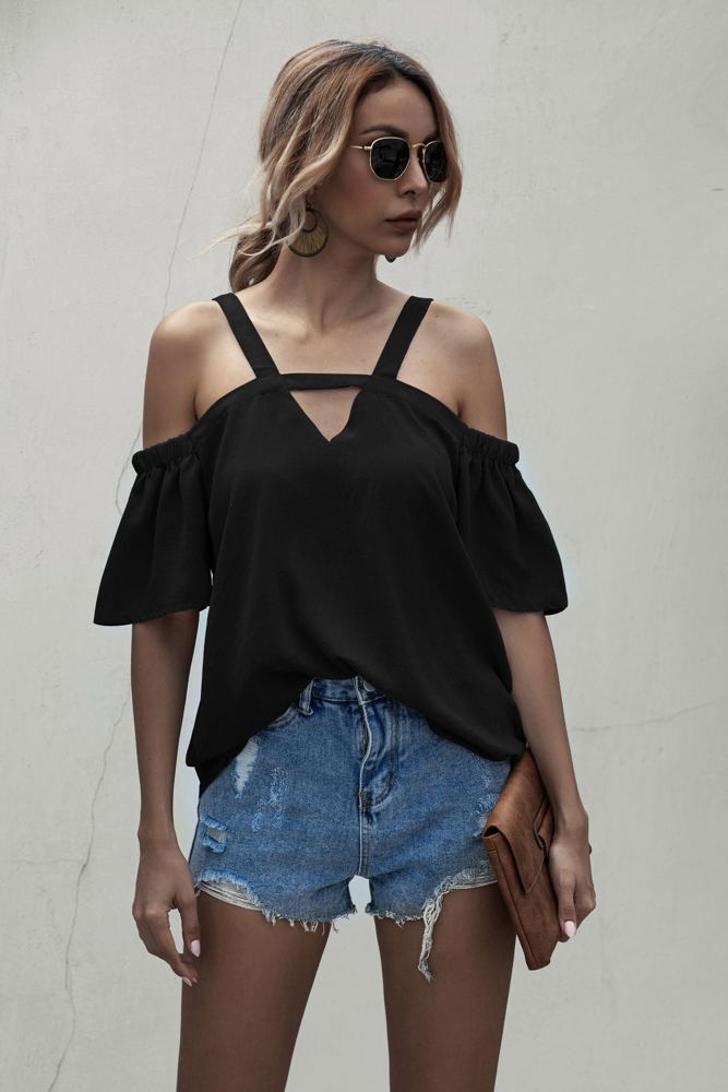 Cold Shoulder Blouse with Strappy V-Neckline and Short Sleeves