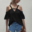 Black Large Cold Shoulder Blouse with Strappy V-Neckline and Short Sleeves