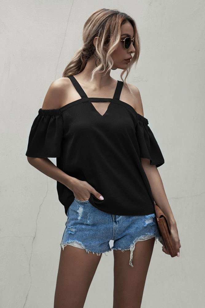 Cold Shoulder Blouse with Strappy V-Neckline and Short Sleeves