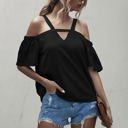 Black Large Cold Shoulder Blouse with Strappy V-Neckline and Short Sleeves