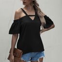 Black Large Cold Shoulder Blouse with Strappy V-Neckline and Short Sleeves