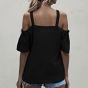 Black Large Cold Shoulder Blouse with Strappy V-Neckline and Short Sleeves