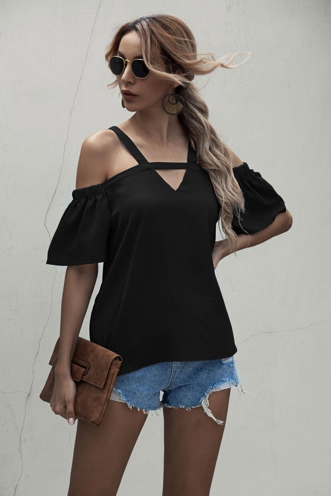 Cold Shoulder Blouse with Strappy V-Neckline and Short Sleeves