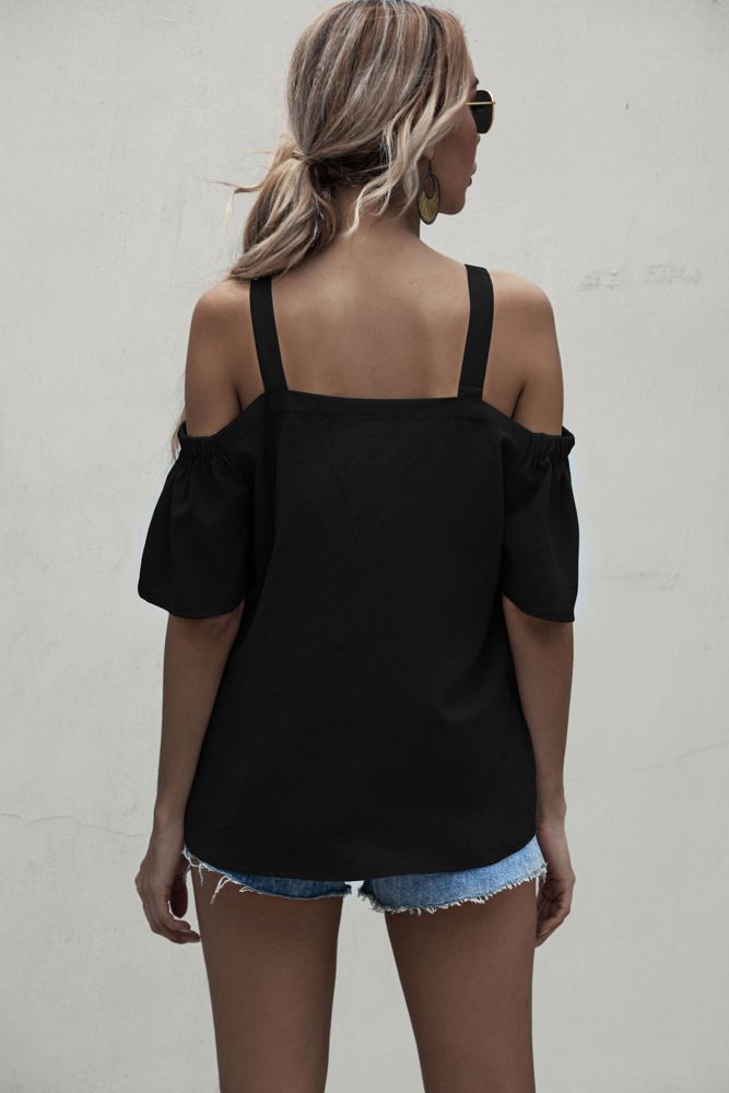 Cold Shoulder Blouse with Strappy V-Neckline and Short Sleeves