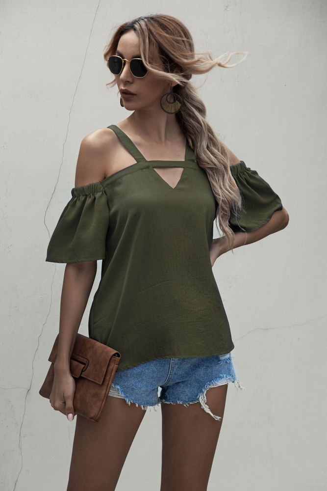 Cold Shoulder Blouse with Strappy V-Neckline and Short Sleeves