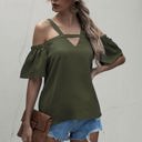 Green Large Cold Shoulder Blouse with Strappy V-Neckline and Short Sleeves