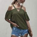 Green Large Cold Shoulder Blouse with Strappy V-Neckline and Short Sleeves