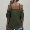 Green Large Cold Shoulder Blouse with Strappy V-Neckline and Short Sleeves