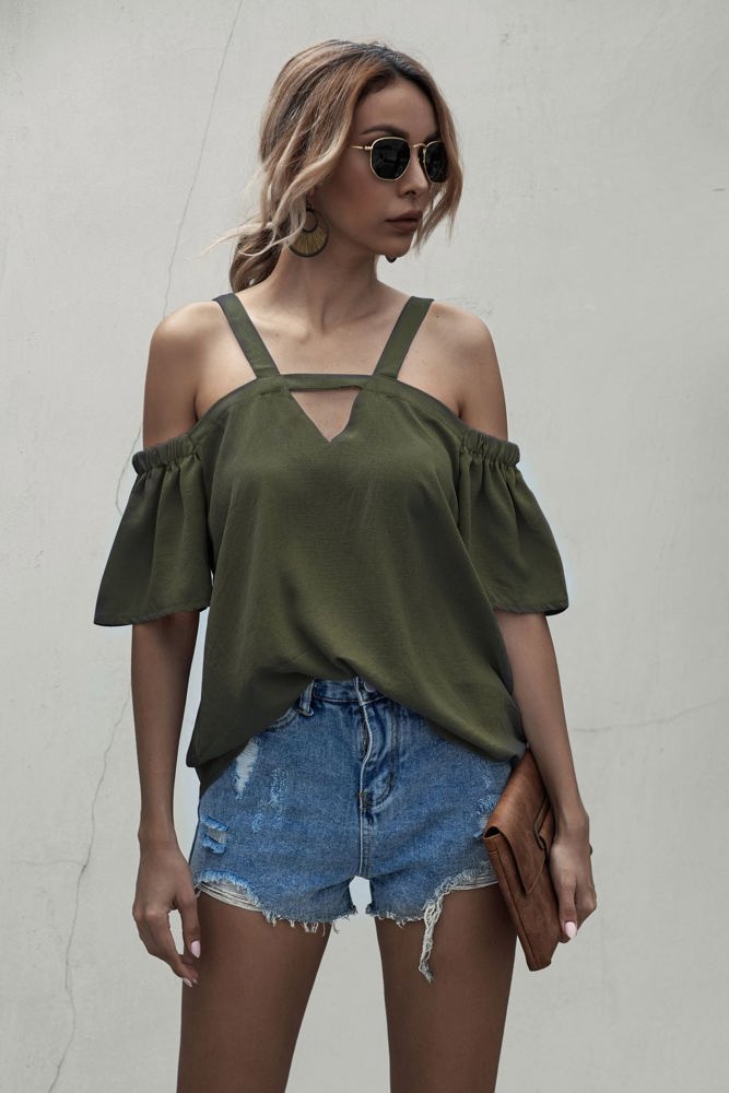 Cold Shoulder Blouse with Strappy V-Neckline and Short Sleeves