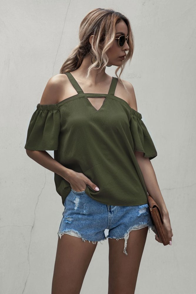 Cold Shoulder Blouse with Strappy V-Neckline and Short Sleeves