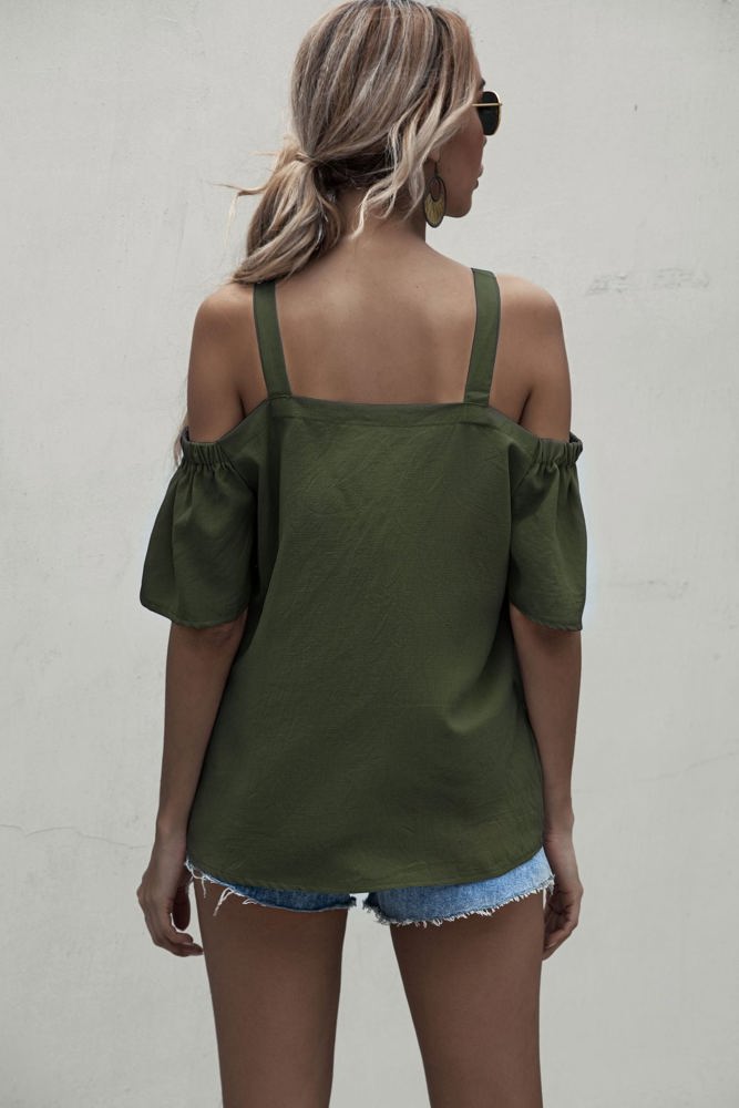 Cold Shoulder Blouse with Strappy V-Neckline and Short Sleeves